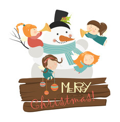 Funny kids playing snowball fight. Vector illustration
