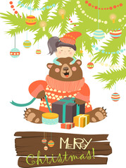 Girl gives gifts to bear. Vector greeting card