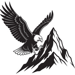 Vector art of a powerful black silhouette of a bald eagle in flight, descending towards a jagged mountain peak, symbolizing freedom, strength, and wilderness