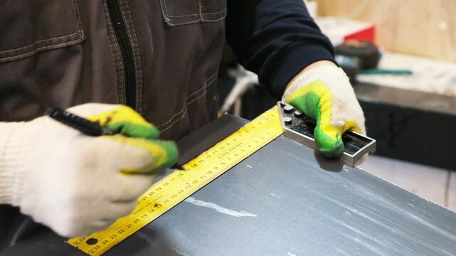 Construction worker marking lines on metal sheet using ruler and marker
