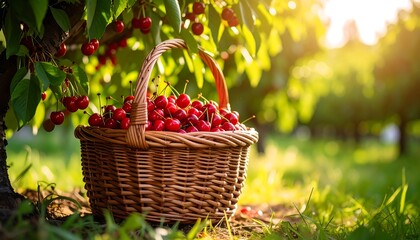 Fresh cherries in a basket under a tree