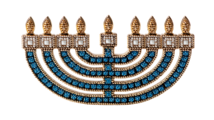 Jeweled menorah with blue stones isolated on transparent background