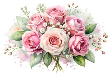 Watercolor Bouquet of Pink Roses and Baby s Breath on White Background