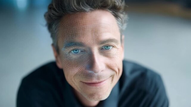 Artificial intelligence maps a businessman's face using a grid for facial recognition, analyzing his features and expressions in a series of close ups