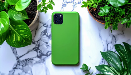 Glossy Matcha Green Smartphone Case on Marble Surface Flatlay Mockup