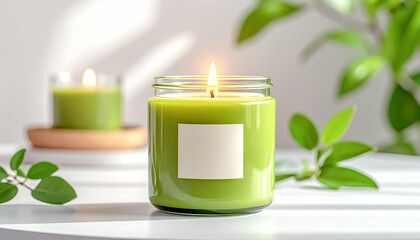 Matcha Green Scented Candle in Glass Jar Glowing with Cozy Minimal Aesthetic
