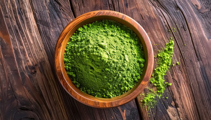 Wooden Bowl Filled with Vibrant Green Matcha Powder Overhead Flatlay