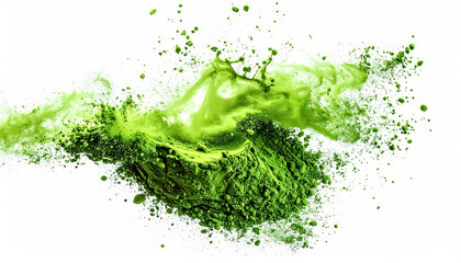 Dynamic Splash of Matcha Green Powder Floating in Air Isolated on White Background