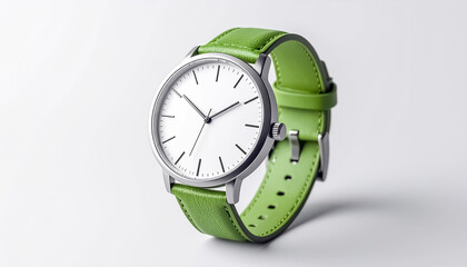 Minimalist Wristwatch with Matcha Green Leather Strap Isolated on Plain Background