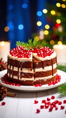 Festive layered chocolate cake decorated with pomegranate seeds