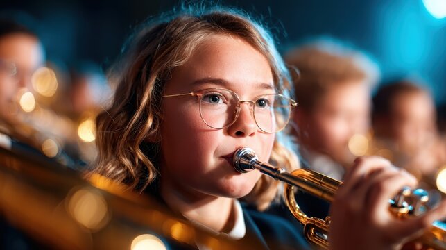 A young girl with glasses passionately plays the trumpet during a performance, contributing to the harmonious sound of a music band, showcasing her dedication to musicianship.