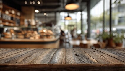 Rustic wooden table, cafe background, city view, product display