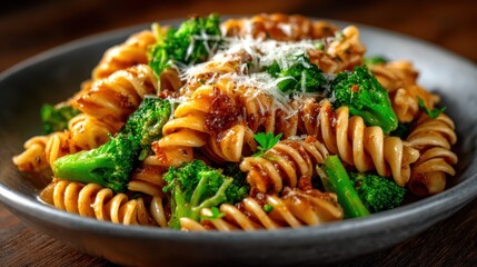 A colorful plate of pasta adorned with fresh broccoli and a savory sauce exemplifies culinary creativity, inviting a visual feast that tantalizes taste buds and celebrates a joyful meal experience.