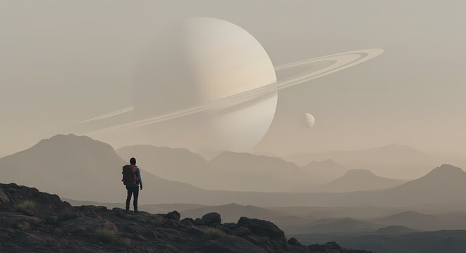 A solitary figure stands on a rocky terrain gazing at a large ringed planet in a hazy sky.