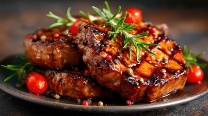 A beautifully cooked steak garnished with fresh herbs and peppercorns glistens on a rustic plate, emphasizing the art of grilling and culinary excellence in a savory presentation.