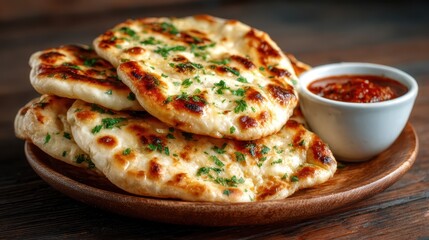 A plate of soft, freshly baked naan bread garnished with herbs is showcased alongside a small bowl of spicy sauce, inviting the viewer to experience the rich culinary culture.