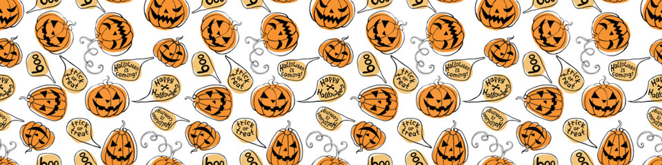 Vector Seamless pattern with pumpkins, Jack o Lantern. Halloween backgrounds and textures in flat doodle style, isolated
