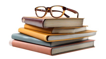 Stack of books with eyeglasses on top isolated on transparent background