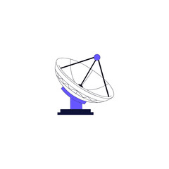 A stylized illustration of a satellite dish antenna with a blue mount and base, set against a white background.