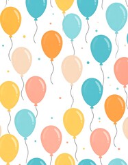 A cheerful, celebratory pattern showcases numerous pastel-colored balloons, suspended on thin strings, against a plain white backdrop, punctuated by scattered small, round dots.