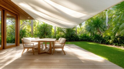 An inviting outdoor dining area with a stylish wooden table and comfortable seating beneath a beautiful canopy, surrounded by lush greenery, perfect for summer gatherings.