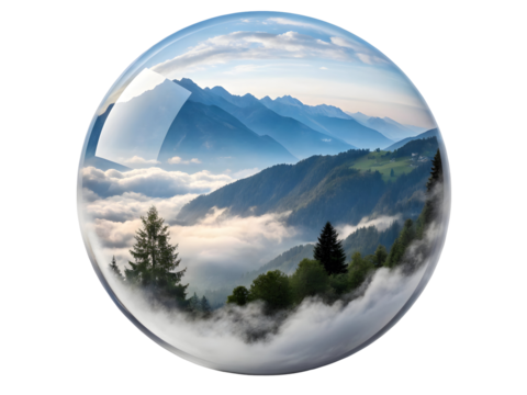 Crystal Sphere Encapsulating Serene Mountain Landscape with Misty Valley and Coniferous Trees at Dawn isolated on a transparent background
