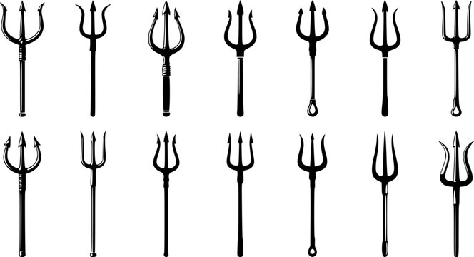 Trident silhouettes, Pitchfork silhouette, Trident Svg, Trident icon set