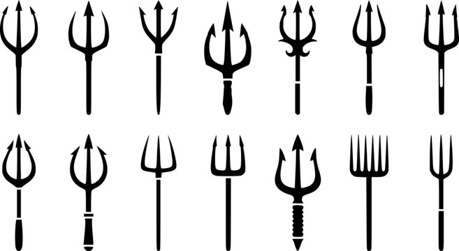 Trident silhouettes, Pitchfork silhouette, Trident Svg, Trident icon set
