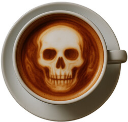 Halloween Coffee with Skull Latte Art  Halloween-themed latte art design, perfect for spooky caf&eacute;s, seasonal drinks, autumn promotions, horror-inspired menus, and eerie coffee shop branding.