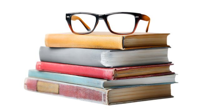 Stack of books with eyeglasses on transparent background