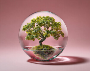 Oak Tree in Glass Sphere on Pink Background. Ideal for nature-themed visuals, surreal art, or eco-conscious editorial content.