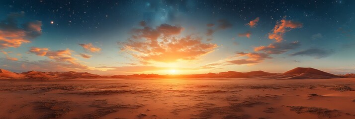 Panoramic view of desert dunes under a twilight sky with stars and colorful clouds during sunset