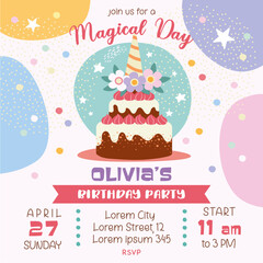 birthday invitation  square card with cake and confetti, decoration, greeting card, birth day party, template, creative vector illustration