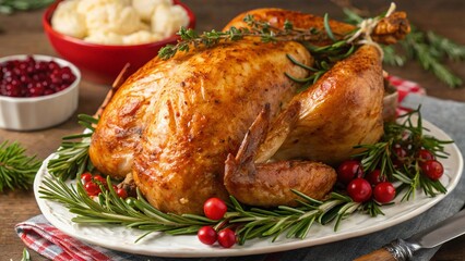 Traditional roasted turkey with rosemary and cranberries, festive baked poultry for Thanksgiving holiday dinner, delicious golden whole bird served with herbs and decoration.