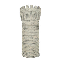 Medieval stone tower with brick texture and battlements on top. Watercolor illustration old architecture. Suitable for fantasy themes, postcards, educational materials, games, architectural design.