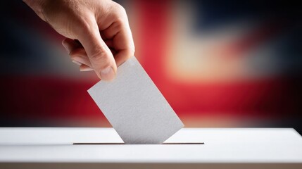 Hand Casting Vote In Ballot Box With Blurred Uk Flag Background. Symbol Of Democratic Election Process In The United Kingdom