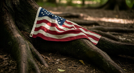 American flag resting on tree roots in forest, symbolizing patriotism and respect for nation's values in natural setting, evoking solemn and reflective mood.
