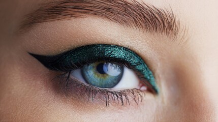 Obraz premium Close-Up Of A Woman'S Eye With Bold Green Eyeshadow And Eyeliner. Beauty And Makeup Focus