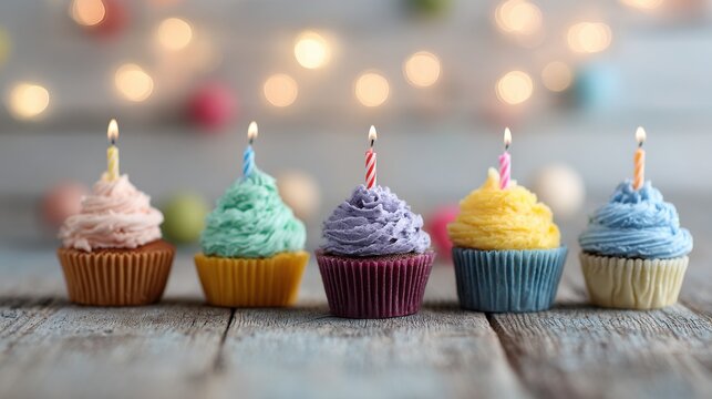 Colorful Cupcakes With Lit Candles On Rustic Wooden Table. Festive Celebration And Birthday Party Atmosphere