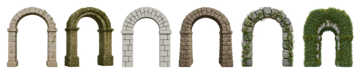 Stone arch set including natural stone, weathered, brick, moss, ivy, and floral adorned variants isolated. Architectural and garden design elements.