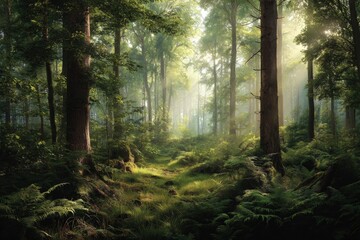 Lush Green Forest Landscape with Sunlit Clearing: Serene Nature Scenery and Atmospheric Woodland