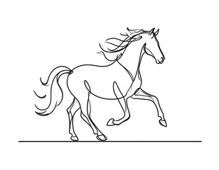 A single continuous line drawing depicts a spirited horse in motion. © Iyat