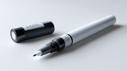 White marker with black tip and cap resting on a plain white surface Writing