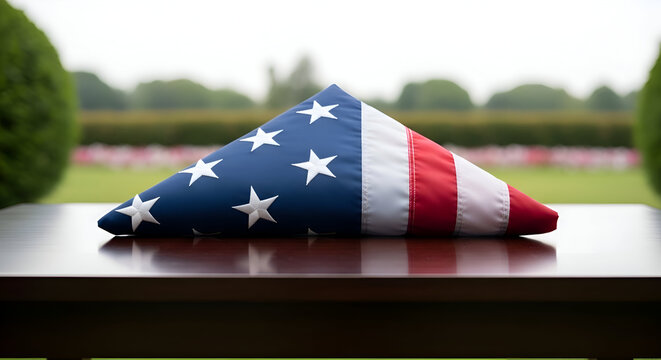 Folded american flag resting on wooden table at military funeral ceremony outdoors, symbolizing honor and remembrance for fallen soldiers.