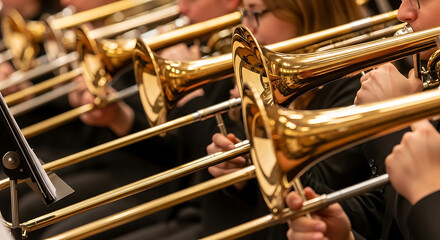 Obraz premium Brass Symphony A Close-Up View of Trombone Players Performing in a Concert Hall