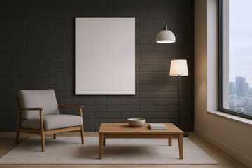 Modern Living Room Interior with Blank Poster, Minimalist Furniture, and City View for Mockup