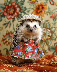 A cute hedgehog in floral skirt and lace hat standing upright with antique wallpaper backdrop in vintage style