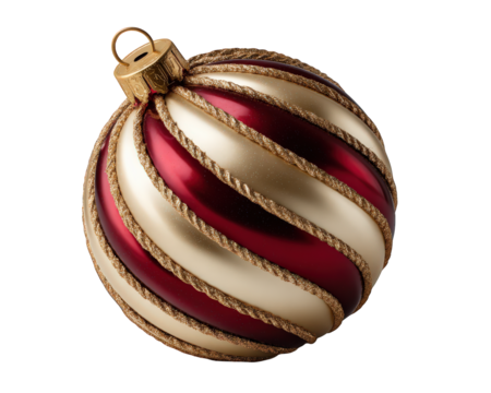 Joyful red and gold Christmas ornament ball with spiral rope pattern. festive holiday decoration and classic piece of decor for merry seasonal celebration, shiny and elegant