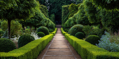 Obraz premium Formal garden path with trimmed hedges and symmetrical design creates serene and inviting atmosphere. lush greenery and carefully shaped bushes enhance garden elegance