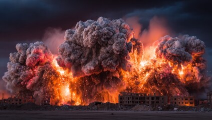 Massive explosion erupts, billowing smoke and fire engulfing a desolated urban landscape